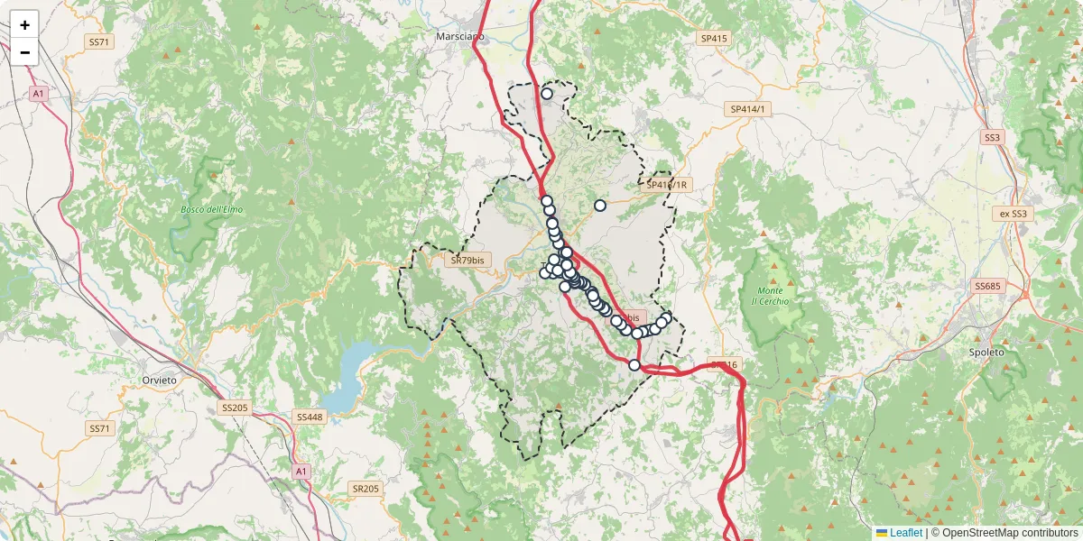 Mappa dettagliata del trasporto pubblico a Todi con linee autobus, tram e collegamenti