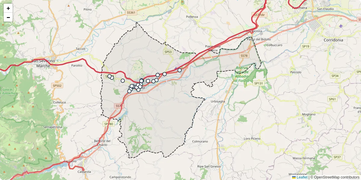 Mappa dettagliata del trasporto pubblico a Tolentino con linee autobus, tram e collegamenti