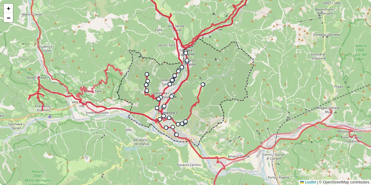 Mappa dettagliata del trasporto pubblico a Tolmezzo / Tumieç con linee autobus, tram e collegamenti