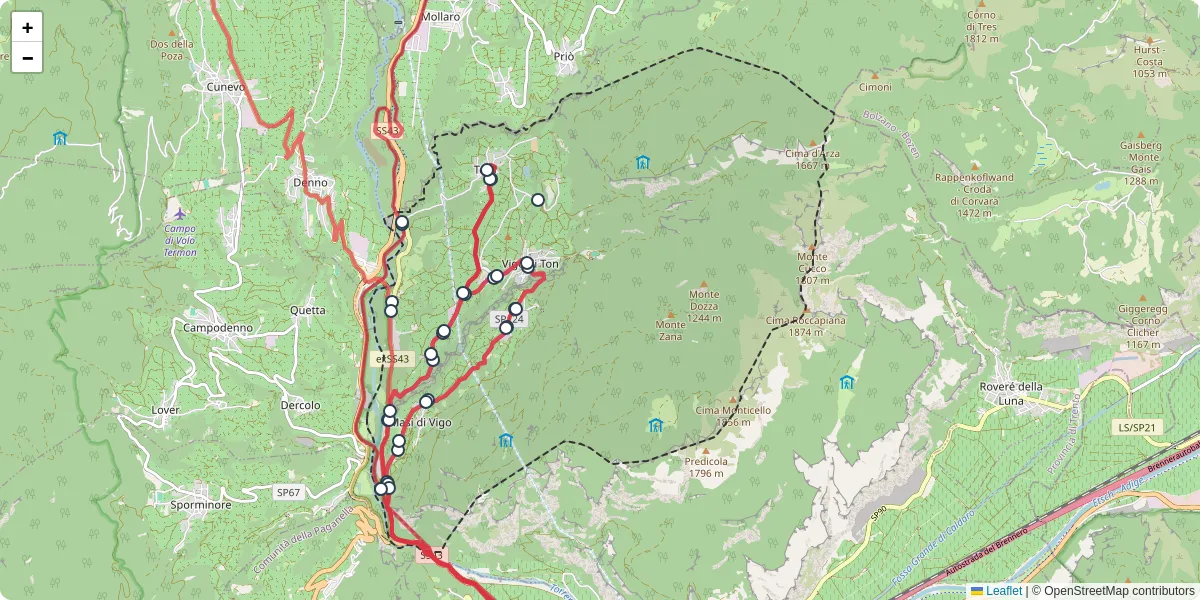 Mappa dettagliata del trasporto pubblico a Ton con linee autobus, tram e collegamenti