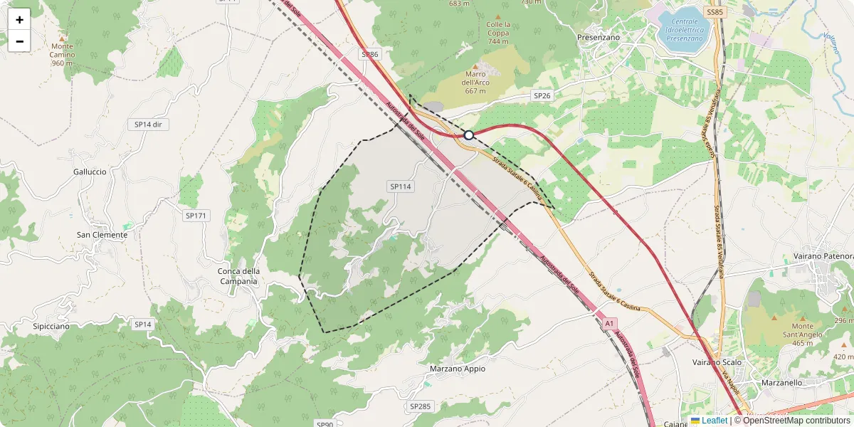 Mappa dettagliata del trasporto pubblico a Tora e Piccilli con linee autobus, tram e collegamenti