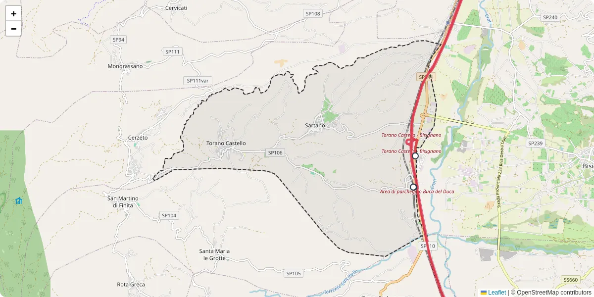 Mappa dettagliata del trasporto pubblico a Torano Castello con linee autobus, tram e collegamenti