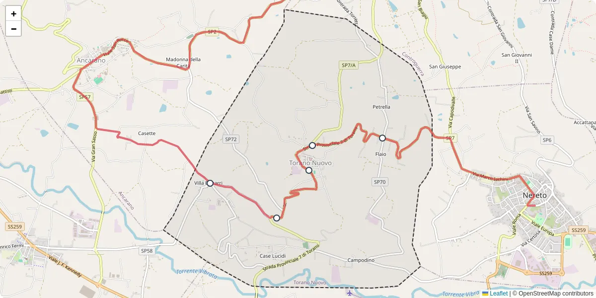 Mappa dettagliata del trasporto pubblico a Torano Nuovo con linee autobus, tram e collegamenti