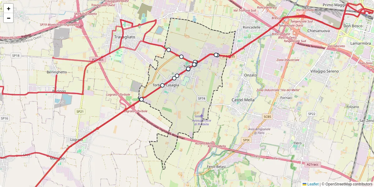 Mappa dettagliata del trasporto pubblico a Torbole Casaglia con linee autobus, tram e collegamenti