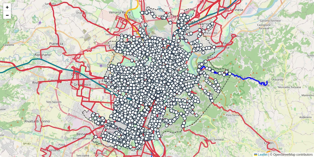 Mappa dettagliata del trasporto pubblico a Torino con linee autobus, tram e collegamenti