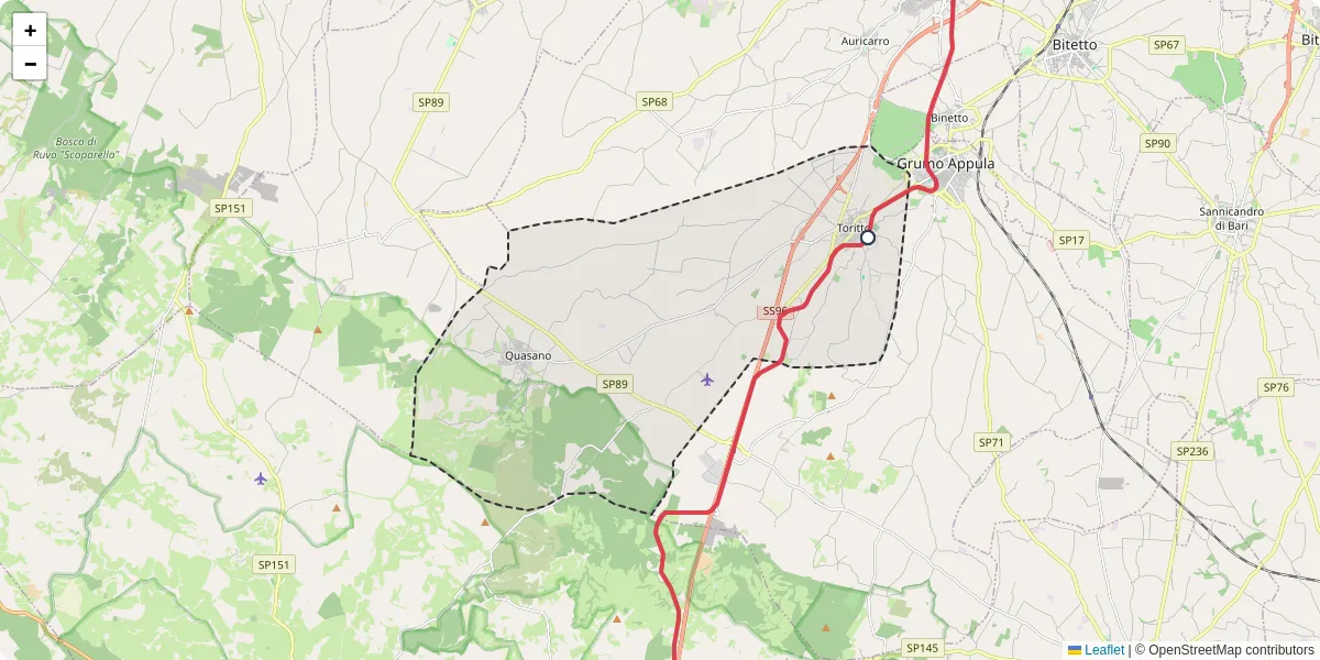 Mappa dettagliata del trasporto pubblico a Toritto con linee autobus, tram e collegamenti