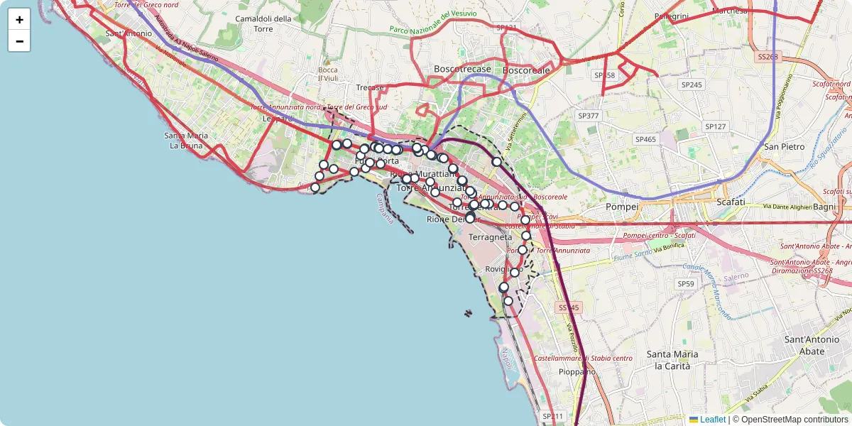 Mappa dettagliata del trasporto pubblico a Torre Annunziata con linee autobus, tram e collegamenti
