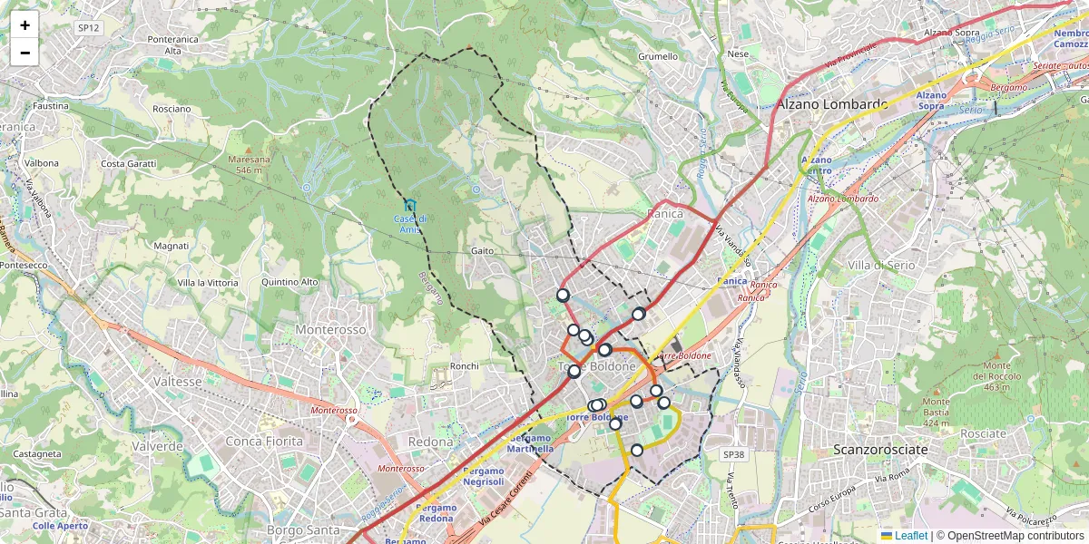 Mappa dettagliata del trasporto pubblico a Torre Boldone con linee autobus, tram e collegamenti