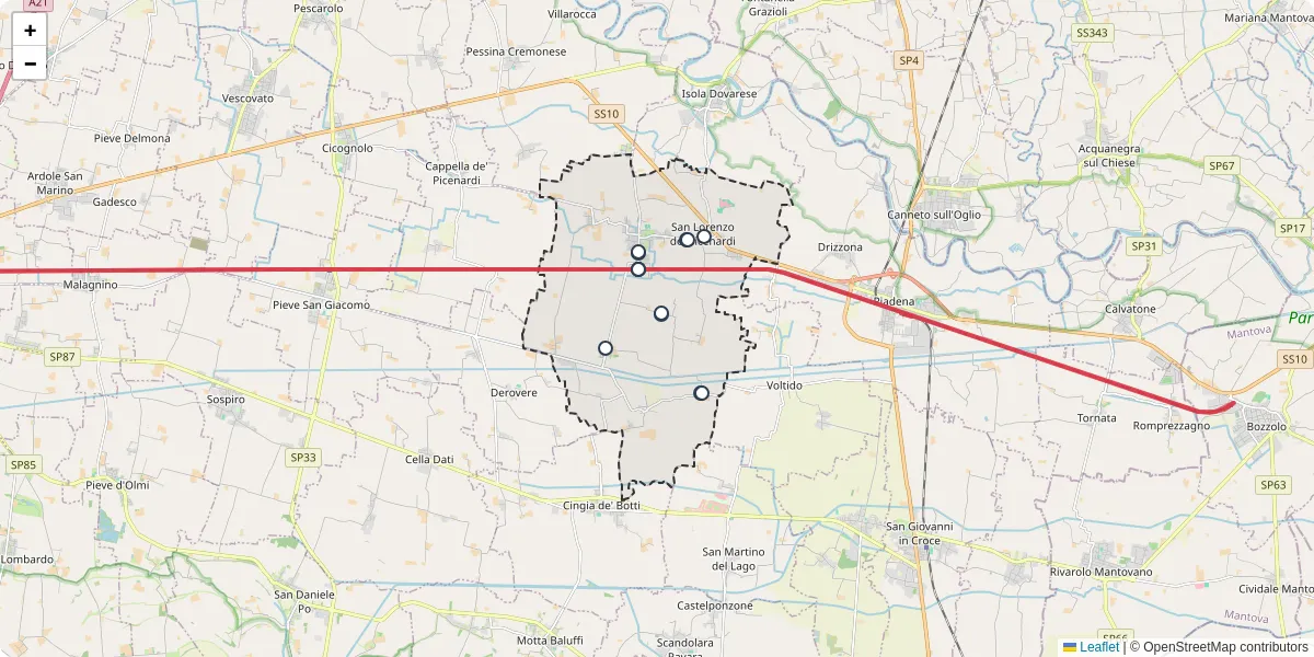 Mappa dettagliata del trasporto pubblico a Torre de' Picenardi con linee autobus, tram e collegamenti