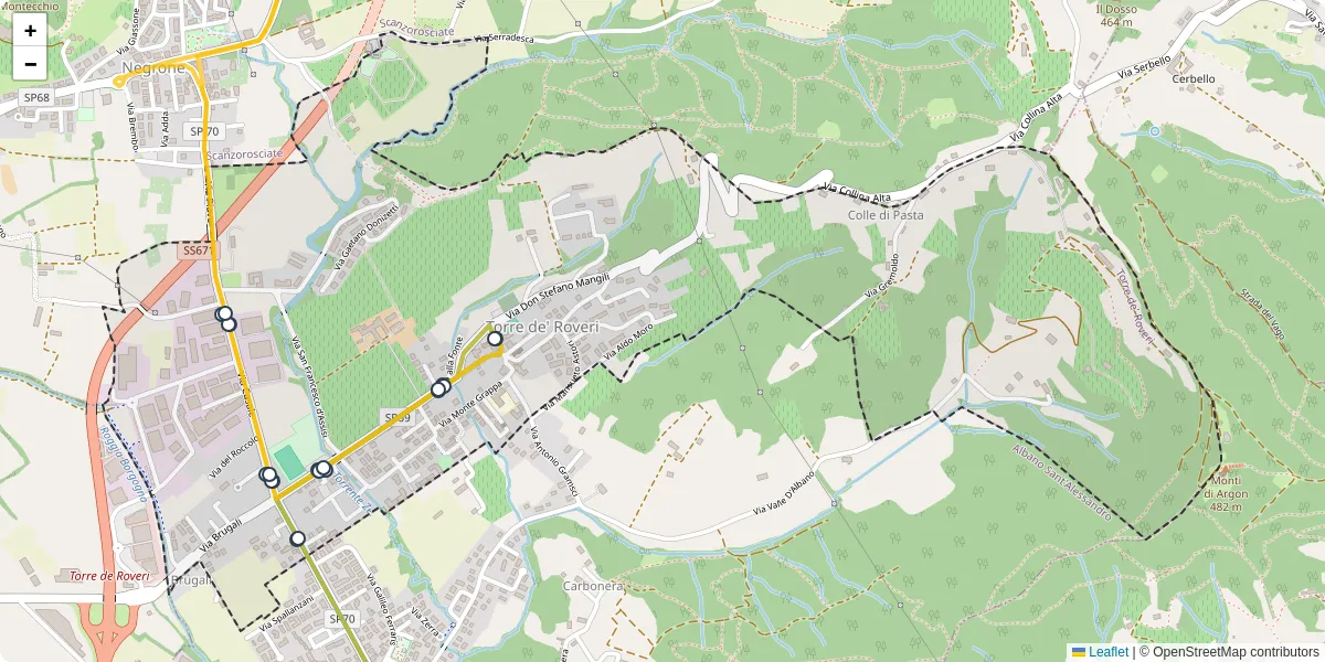 Mappa dettagliata del trasporto pubblico a Torre de' Roveri con linee autobus, tram e collegamenti