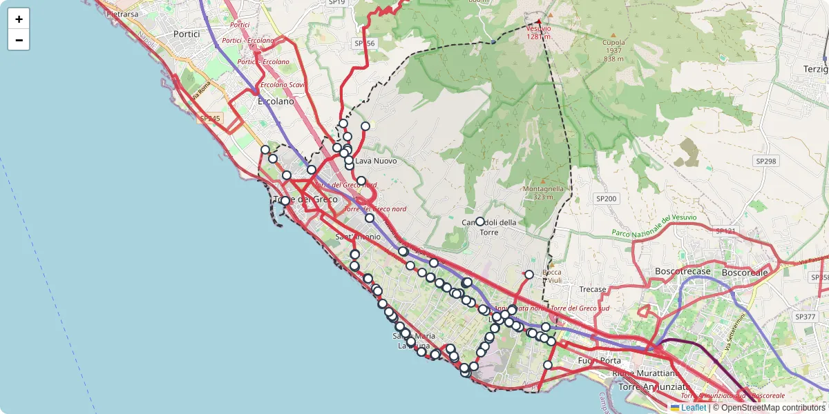Mappa dettagliata del trasporto pubblico a Torre del Greco con linee autobus, tram e collegamenti