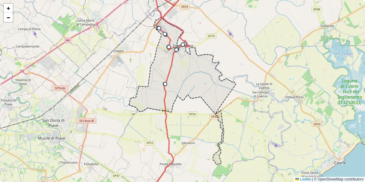 Mappa dettagliata del trasporto pubblico a Torre di Mosto con linee autobus, tram e collegamenti