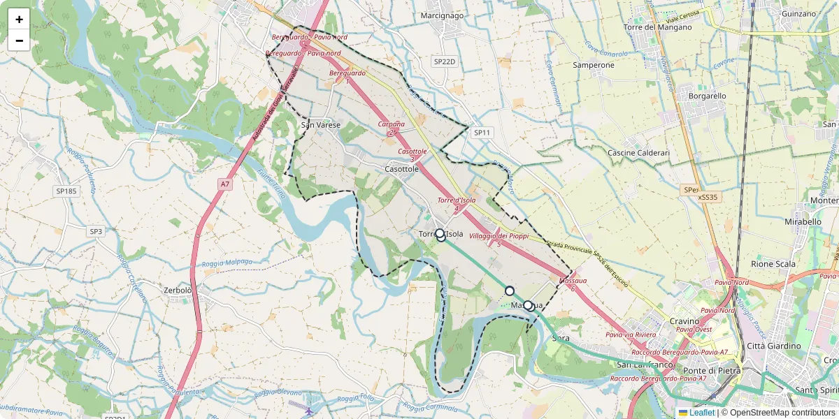 Mappa dettagliata del trasporto pubblico a Torre d'Isola con linee autobus, tram e collegamenti