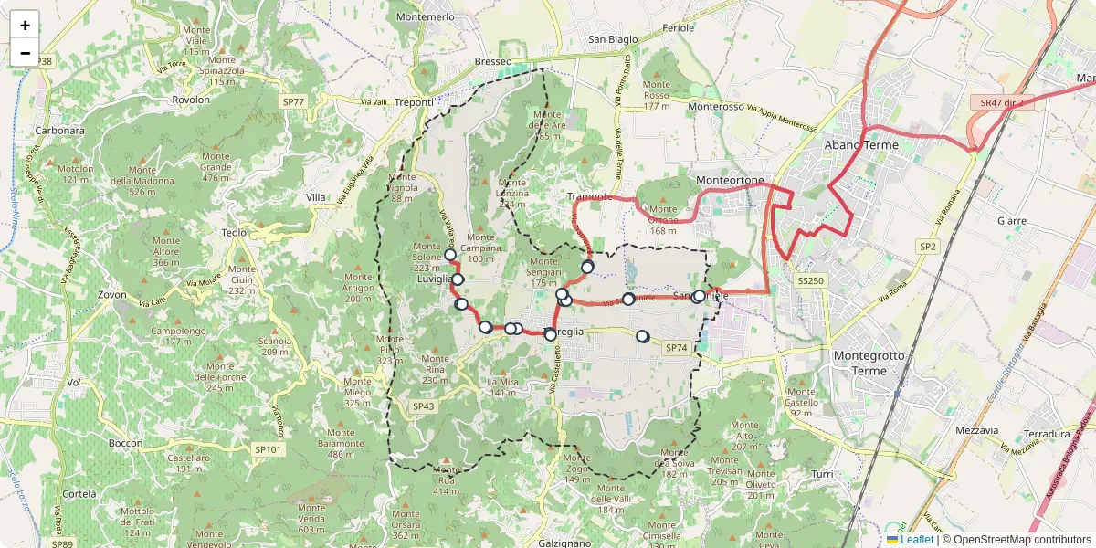 Mappa dettagliata del trasporto pubblico a Torreglia con linee autobus, tram e collegamenti