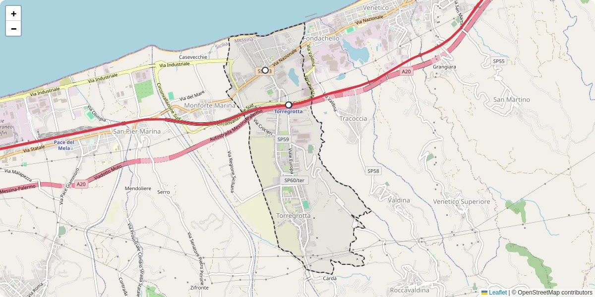 Mappa dettagliata del trasporto pubblico a Torregrotta con linee autobus, tram e collegamenti