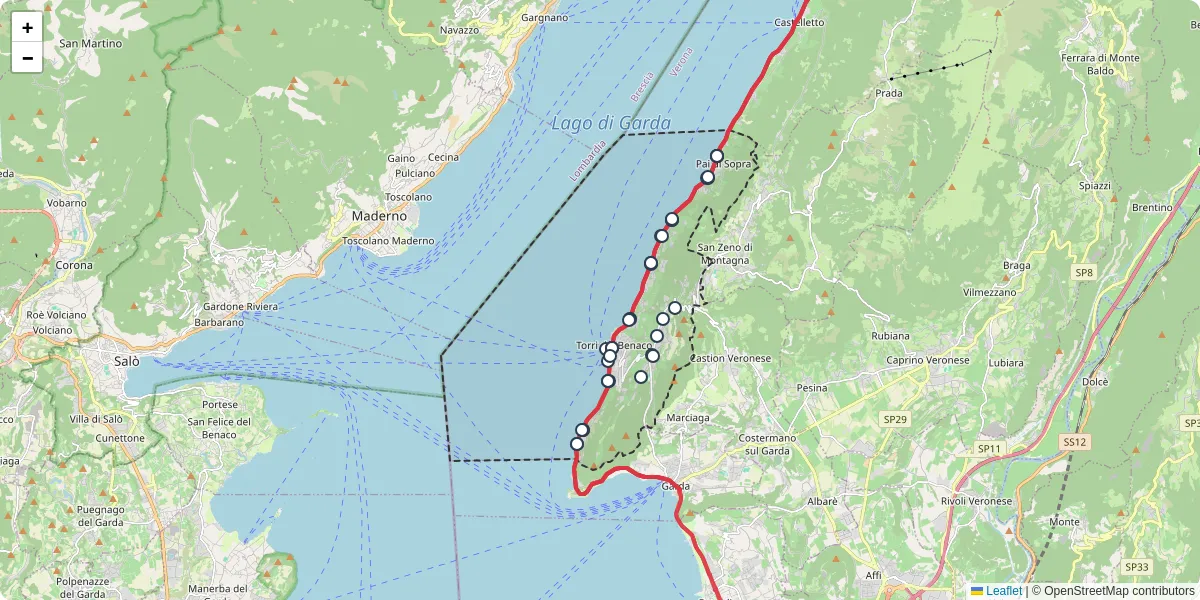 Mappa dettagliata del trasporto pubblico a Torri del Benaco con linee autobus, tram e collegamenti