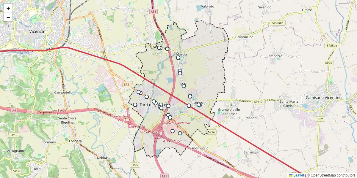 Mappa dettagliata del trasporto pubblico a Torri di Quartesolo con linee autobus, tram e collegamenti