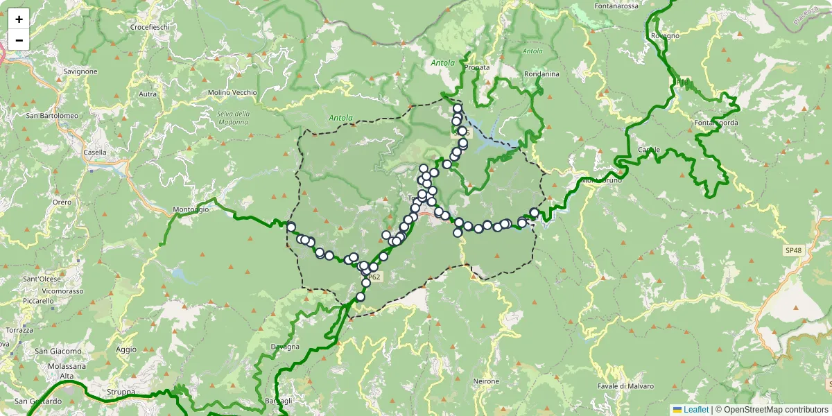 Mappa dettagliata del trasporto pubblico a Torriglia con linee autobus, tram e collegamenti