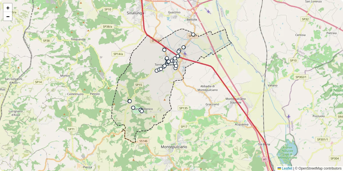 Mappa dettagliata del trasporto pubblico a Torrita di Siena con linee autobus, tram e collegamenti