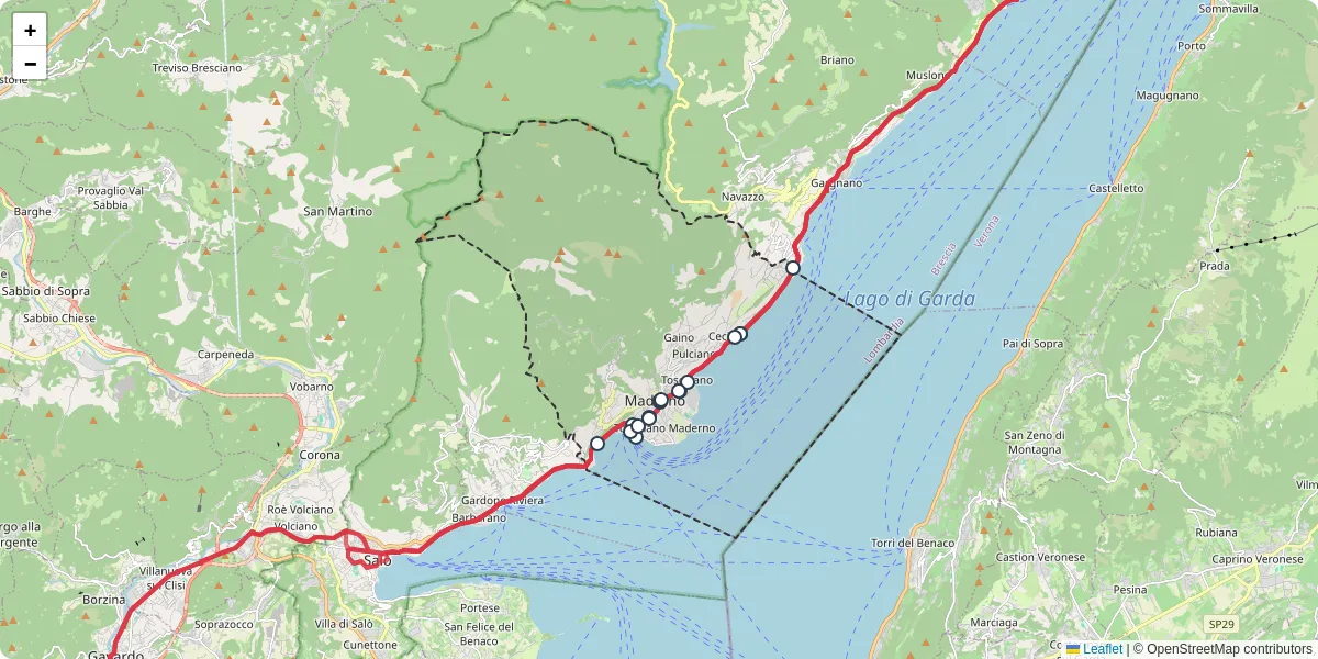 Mappa dettagliata del trasporto pubblico a Toscolano Maderno con linee autobus, tram e collegamenti