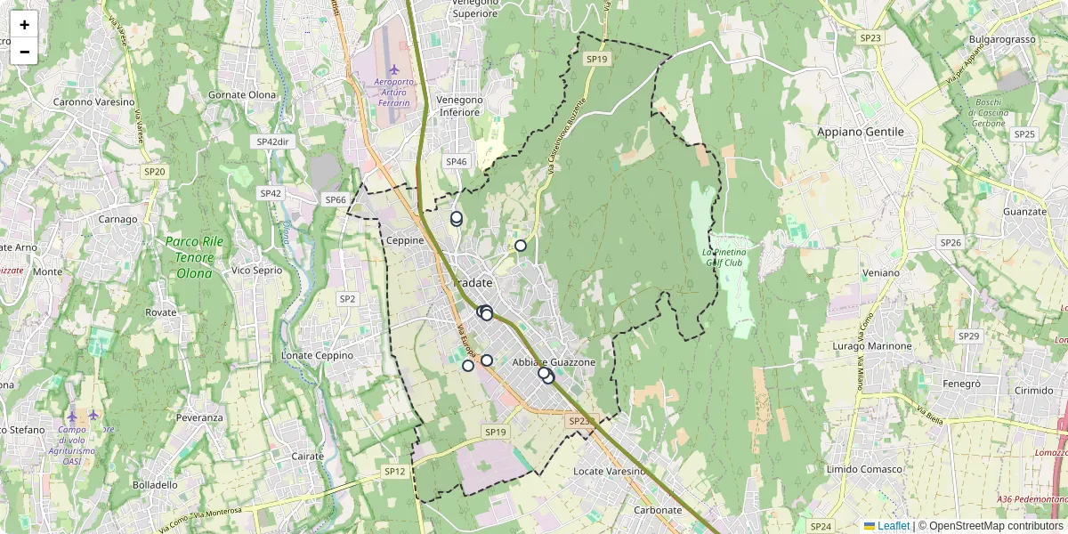 Mappa dettagliata del trasporto pubblico a Tradate con linee autobus, tram e collegamenti