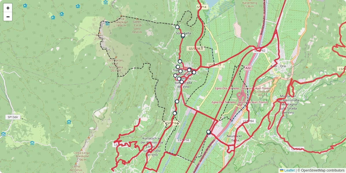 Mappa dettagliata del trasporto pubblico a Tramin an der Weinstraße - Termeno sulla Strada del Vino con linee autobus, tram e collegamenti