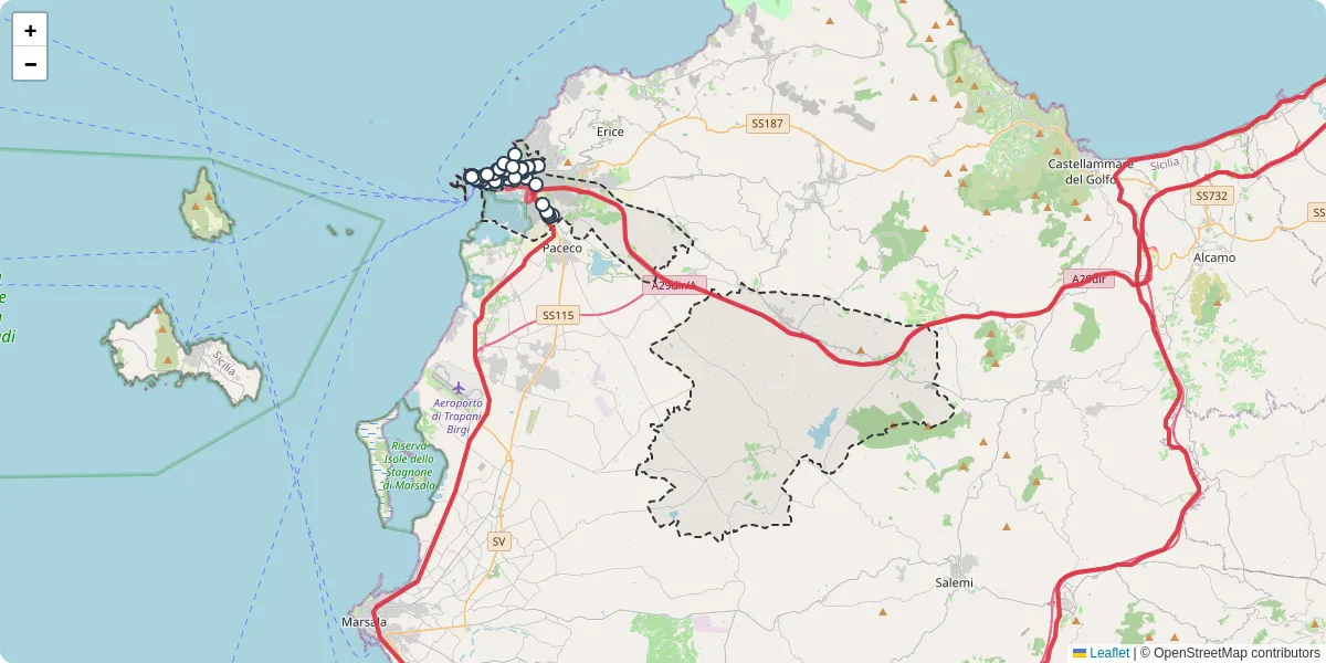 Mappa dettagliata del trasporto pubblico a Trapani con linee autobus, tram e collegamenti