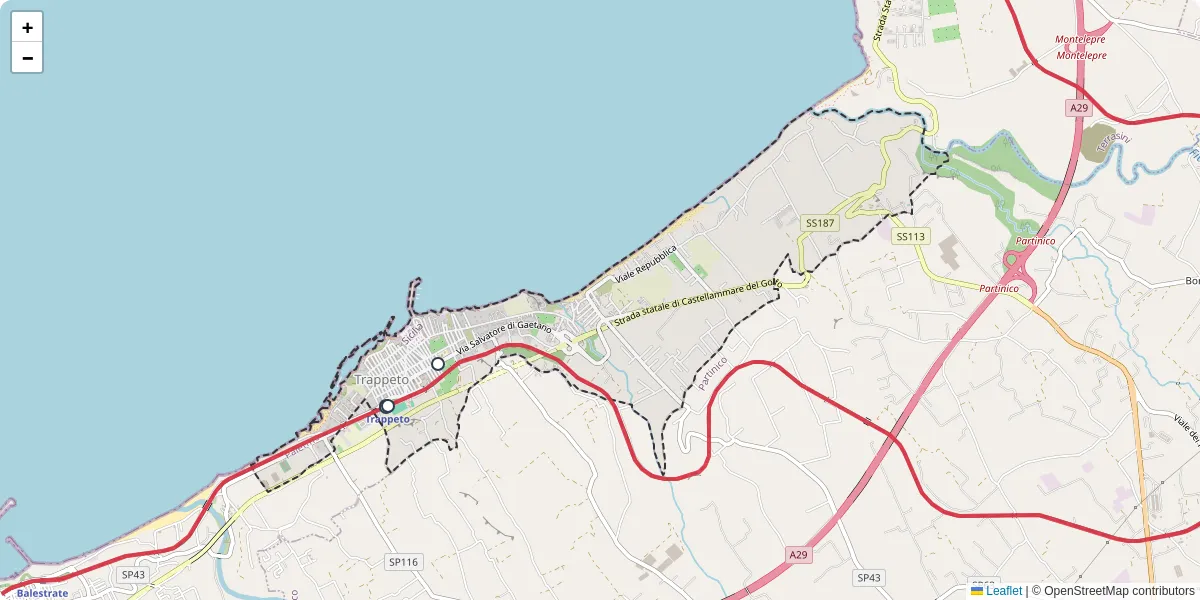 Mappa dettagliata del trasporto pubblico a Trappeto con linee autobus, tram e collegamenti
