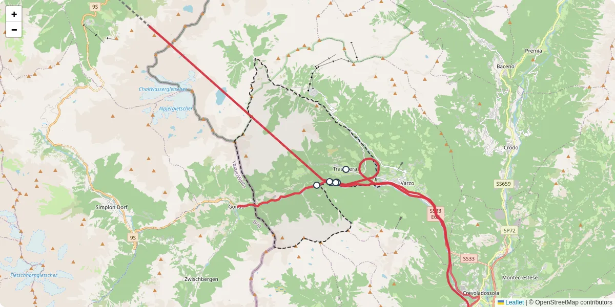 Mappa dettagliata del trasporto pubblico a Trasquera con linee autobus, tram e collegamenti