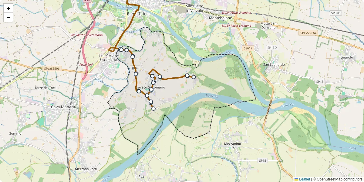Mappa dettagliata del trasporto pubblico a Travacò Siccomario con linee autobus, tram e collegamenti