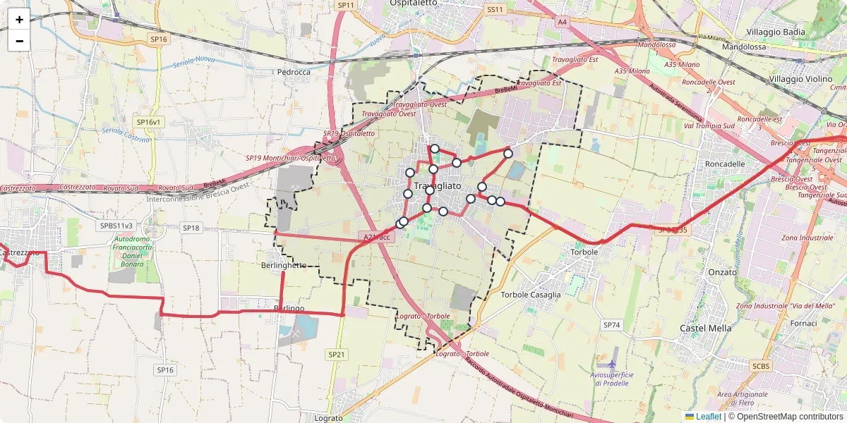 Mappa dettagliata del trasporto pubblico a Travagliato con linee autobus, tram e collegamenti