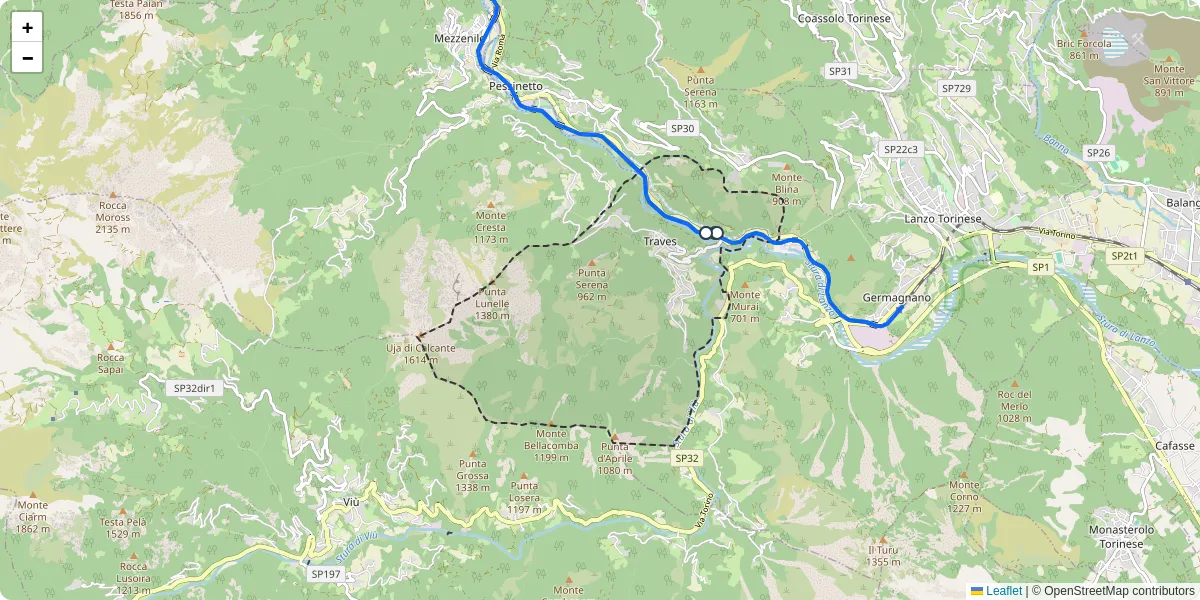 Mappa dettagliata del trasporto pubblico a Traves con linee autobus, tram e collegamenti