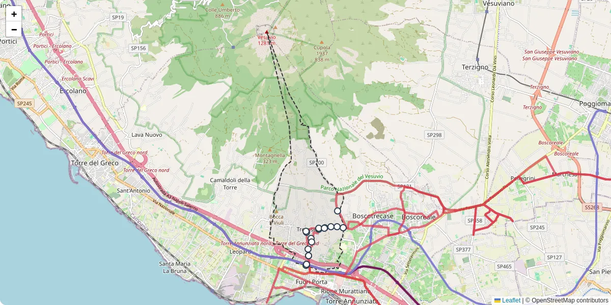 Mappa dettagliata del trasporto pubblico a Trecase con linee autobus, tram e collegamenti