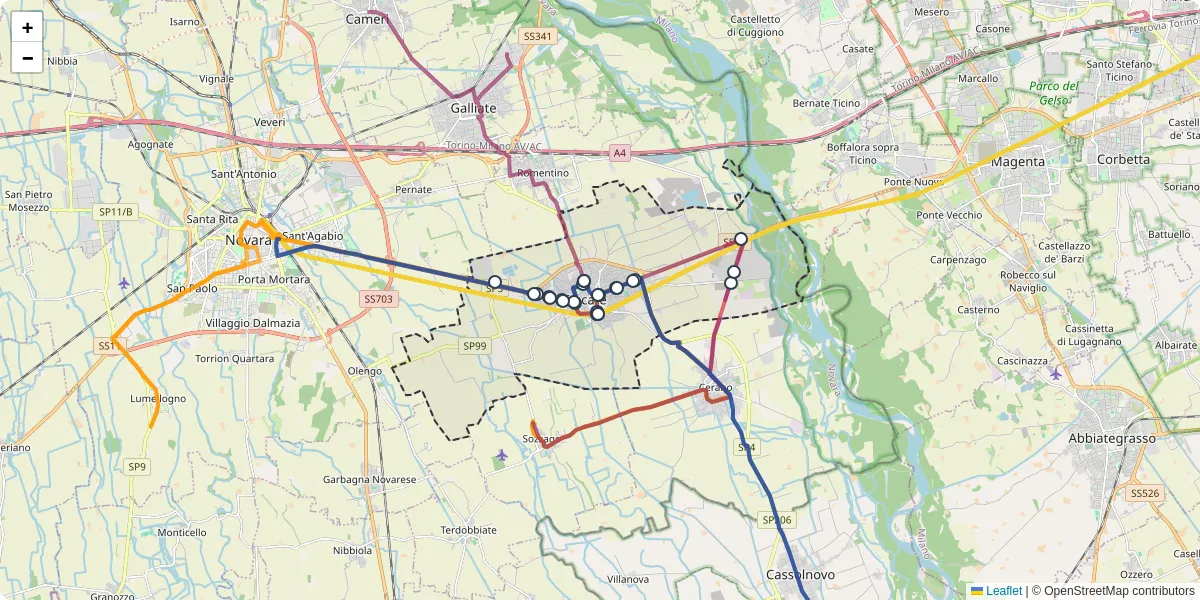 Mappa dettagliata del trasporto pubblico a Trecate con linee autobus, tram e collegamenti