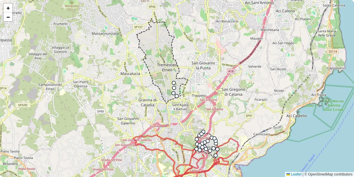 Mappa dettagliata del trasporto pubblico a Tremestieri Etneo con linee autobus, tram e collegamenti