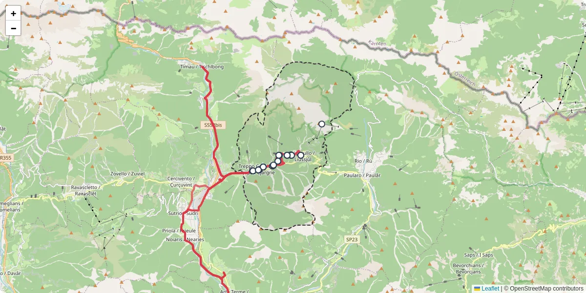 Mappa dettagliata del trasporto pubblico a Treppo Ligosullo / Trep Liussûl con linee autobus, tram e collegamenti