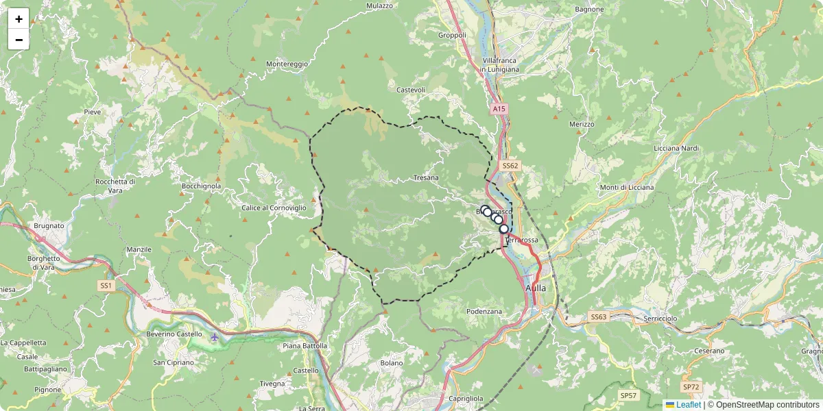 Mappa dettagliata del trasporto pubblico a Tresana con linee autobus, tram e collegamenti