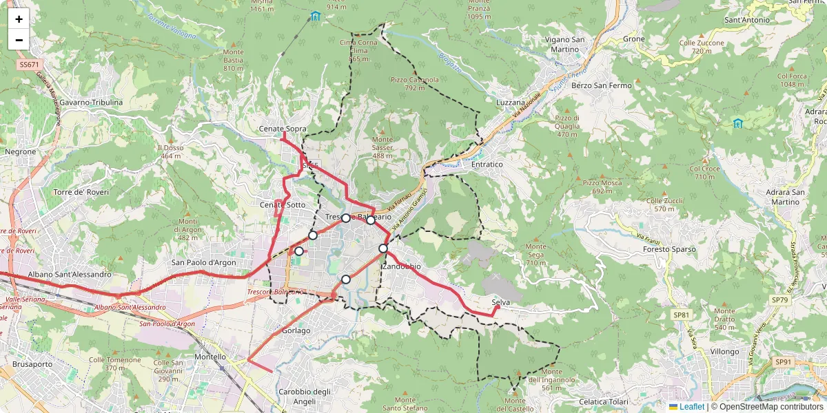 Mappa dettagliata del trasporto pubblico a Trescore Balneario con linee autobus, tram e collegamenti