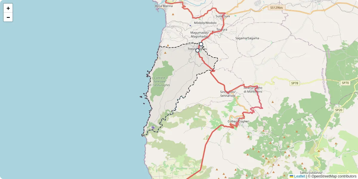 Mappa dettagliata del trasporto pubblico a Tresnuraghes con linee autobus, tram e collegamenti