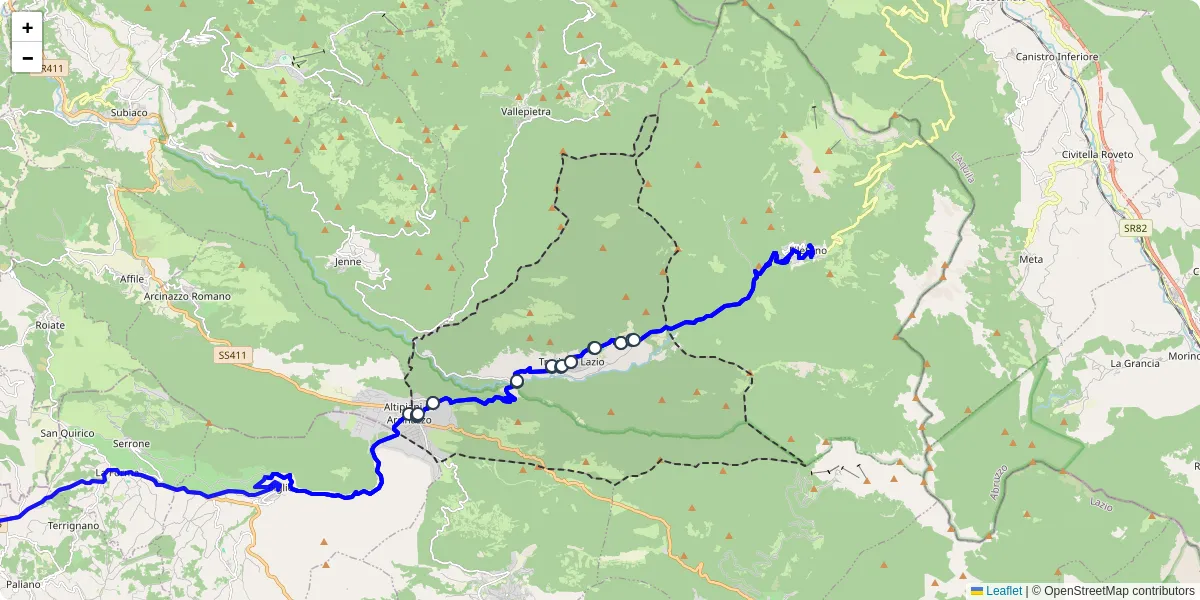 Mappa dettagliata del trasporto pubblico a Trevi nel Lazio con linee autobus, tram e collegamenti