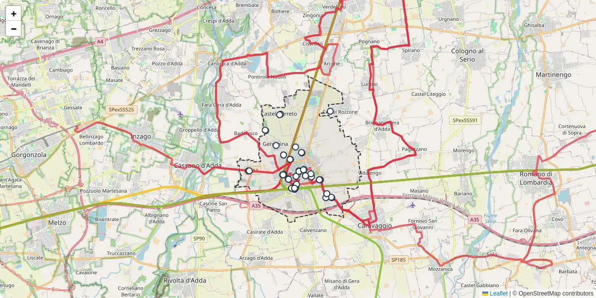 Mappa dettagliata del trasporto pubblico a Treviglio con linee autobus, tram e collegamenti