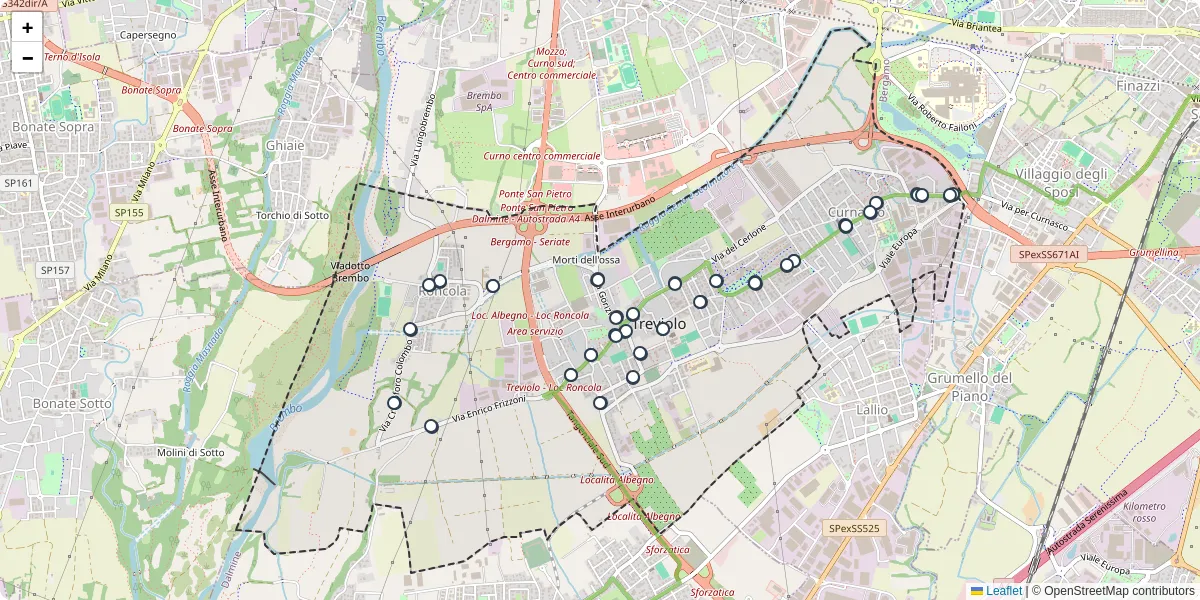 Mappa dettagliata del trasporto pubblico a Treviolo con linee autobus, tram e collegamenti