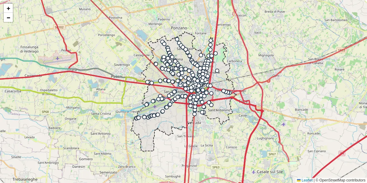 Mappa dettagliata del trasporto pubblico a Treviso con linee autobus, tram e collegamenti