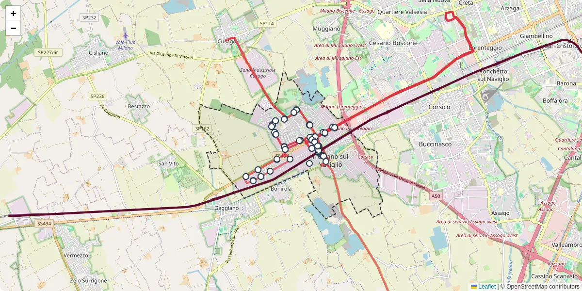 Mappa dettagliata del trasporto pubblico a Trezzano sul Naviglio con linee autobus, tram e collegamenti
