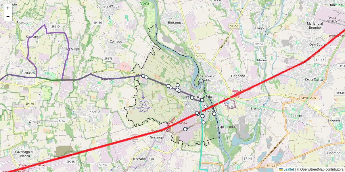 Mappa dettagliata del trasporto pubblico a Trezzo sull'Adda con linee autobus, tram e collegamenti
