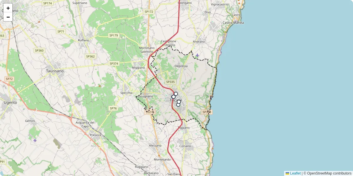 Mappa dettagliata del trasporto pubblico a Tricase con linee autobus, tram e collegamenti