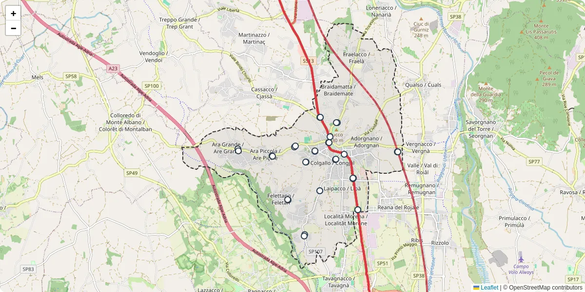 Mappa dettagliata del trasporto pubblico a Tricesimo / Tresesin con linee autobus, tram e collegamenti