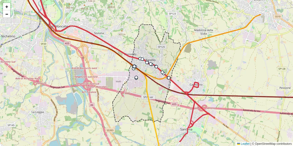 Mappa dettagliata del trasporto pubblico a Trofarello con linee autobus, tram e collegamenti