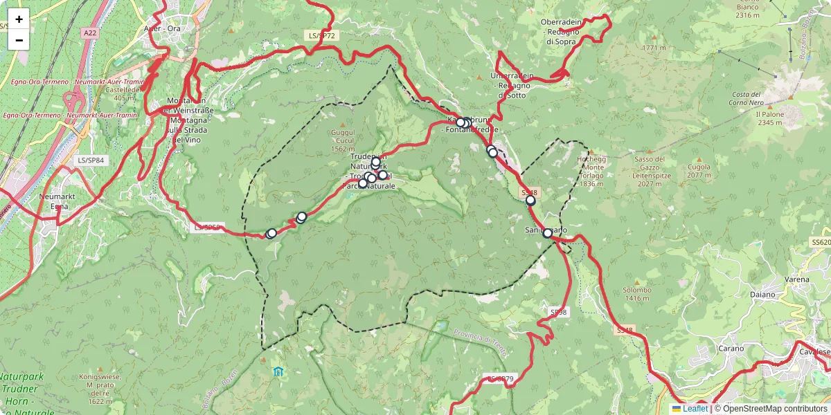 Mappa dettagliata del trasporto pubblico a Truden im Naturpark - Trodena nel Parco Naturale con linee autobus, tram e collegamenti