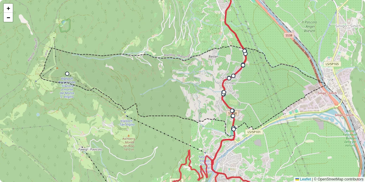 Mappa dettagliata del trasporto pubblico a Tscherms - Cermes con linee autobus, tram e collegamenti